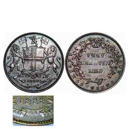 Victoria Queen, Copper, Quarter Anna, 1858, J. Watt & Co., Birmingham Mint, Single leaf, Y