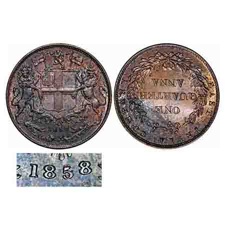 Victoria Queen, Copper, Quarter Anna, 1858, J. Watt & Co., Birmingham Mint, Single leaf, Y