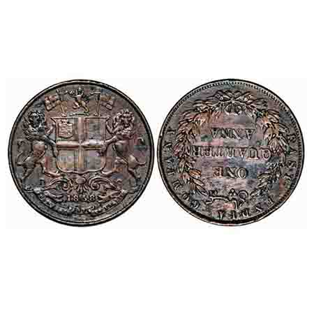Victoria Queen, Copper, Quarter Anna, 1858, R. Heton & Sons., Birmingham Mint, Two leaves,