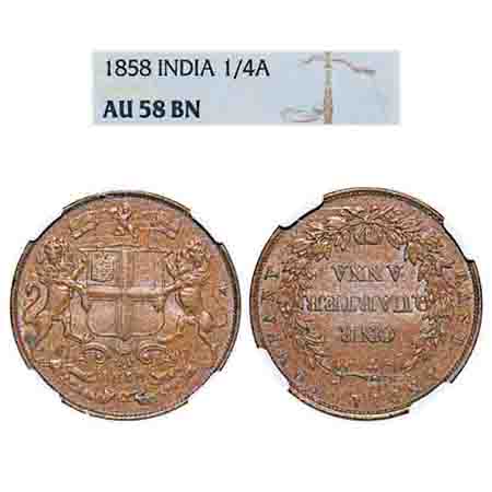 Victoria Queen, Copper, Quarter Anna, 1858, R. Heton & Sons., Birmingham Mint, Two leaves,