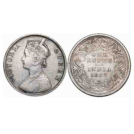 Victoria Queen, Silver, Rupee, 1862, Calcutta Mint, B/III, Embroidery in high relief. F. P
