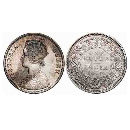 Victoria Queen, Silver, Rupee, 1862, Calcutta Mint, A/III, w/o initial 'J'. F. Prid 65. GK