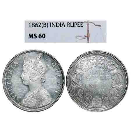 Victoria Queen, Silver, Rupee, 1862, Bombay Mint, B/II/1/0. F. Prid 69. GK 286. NGC Slabbe