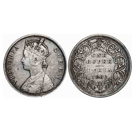 Victoria Queen, Silver, Rupee, 1862, Bombay Mint, B/II/3/0, Second dot is merged with firs