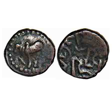 Nagas, Ganapatinaga, 3 Cen AD, Copper unit, 1.04gm, Obv: Bull to left, Dotted border aroun
