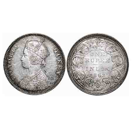 Victoria Queen, Silver, Rupee, 1862, Bombay Mint, A/II/0/10, w/o initial 'J'. F. Prid 93. 