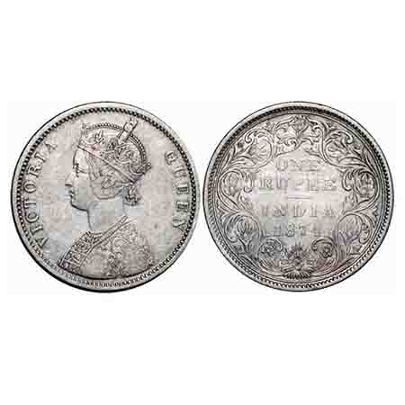 Victoria Queen, Silver, Rupee, 1874, Bombay Mint, A2/II, No dot, Broken numeral 4. F. Prid