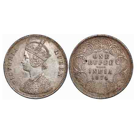 Victoria Queen, Silver, Rupee, 1874, Calcutta Mint, A1/I, No mint mark. F. Prid 112. GK 41