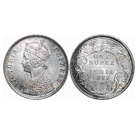 Victoria Empress, Silver, Rupee, 1877, Bombay Mint, A3/I, Dot. F. Prid 150. GK 444. Almost