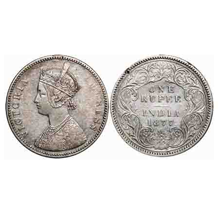 Victoria Empress, Silver, Rupee, 1877, Calcutta Mint, A1/I, No mint mark, Almost 10'o cloc