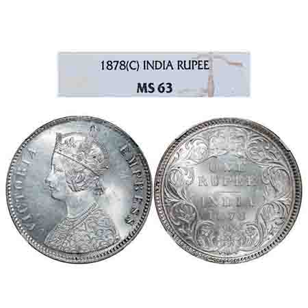 Victoria Empress, Silver, Rupee, 1878, Calcutta Mint, A1/I, No mint mark. F. Prid 116. GK 
