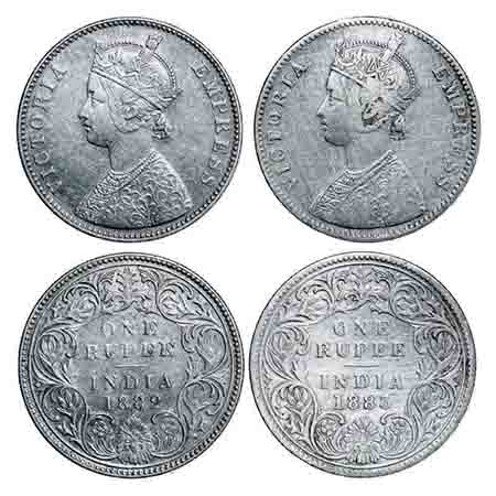 Victoria Empress, Silver, Rupee, (2 coins), 1) 1882, Bombay Mint, A3/I, Dot, 2) 1883, Bomb