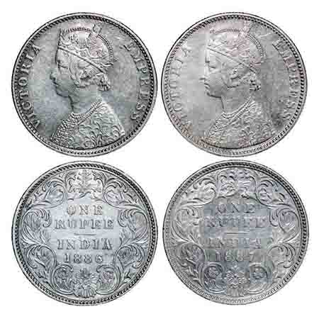 Victoria Empress, Silver, Rupee, (2 coins), 1) 1886, Bombay Mint, C2/I, 'B' incused, 2) 18