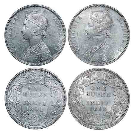 Victoria Empress, Silver, Rupee, (2 coins), 1) 1891, Bombay Mint, C2/I, 'B' incused, 2) 18
