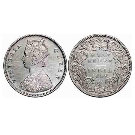 Victoria Queen, Silver, Half Rupee, 1862, Calcutta Mint, A/I, Round Pearls. F. Prid. GK 37