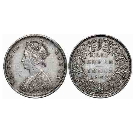 Victoria Queen, Silver, Half Rupee, 1862, Bombay Mint, B1/II, Round Pearls, Petals flowers