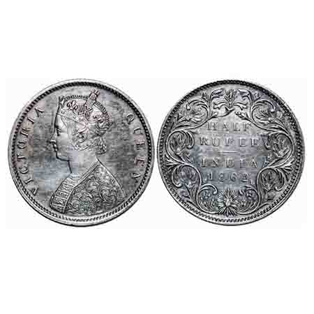 Victoria Queen, Silver, Half Rupee, 1862, Bombay Mint, B1/II, Round Pearls, Petals flowers