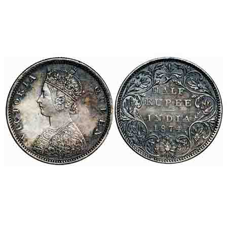 Victoria Queen, Silver, Half Rupee, 1874, Bombay Mint, B1/II, Dot. F. Prid 284. GK 599. Ab