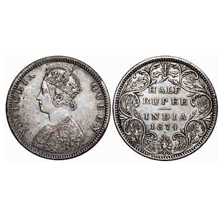 Victoria Queen, Silver, Half Rupee, 1874, Bombay Mint, B2/II, Dot. F. Prid 285. GK 600. Ex