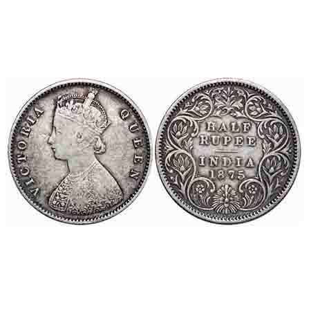 Victoria Queen, Silver, Half Rupee, 1875, Calcutta Mint, A/I, No mint mark. F. Prid 260. G