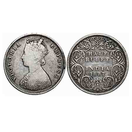 Victoria Empress, Silver, Half Rupee, 1887, Calcutta Mint, A/I, 'C' incused. F. Prid 271. 