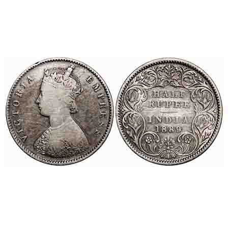 Victoria Empress, Silver, Half Rupee, 1889, Calcutta Mint, A/I, 'C' incused. F. Prid 273. 