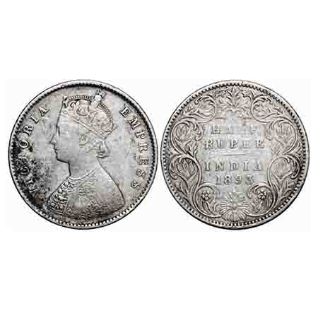 Victoria Empress, Silver, Half Rupee, 1893, Bombay Mint, A/I, 'B' incused. F. Prid 303. GK