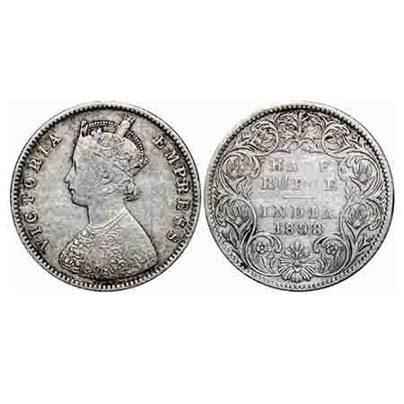 Victoria Empress, Silver, Half Rupee, 1898, Bombay Mint, A/I, 'B' incused, B incused inver