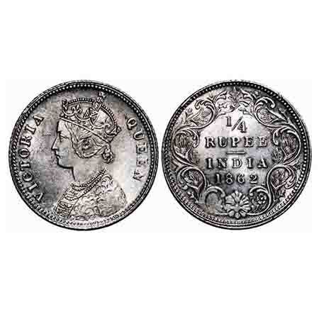 Victoria Queen, Silver, 1/4 Rupee, 1862, Calcutta Mint, A/I. F. Prid 376. GK 375. Almost U