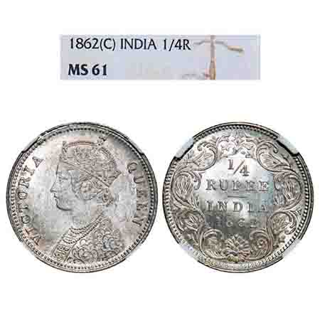 Victoria Queen, Silver, 1/4 Rupee, 1862, Calcutta Mint, A/I. F. Prid 376. GK 375. NGC Slab