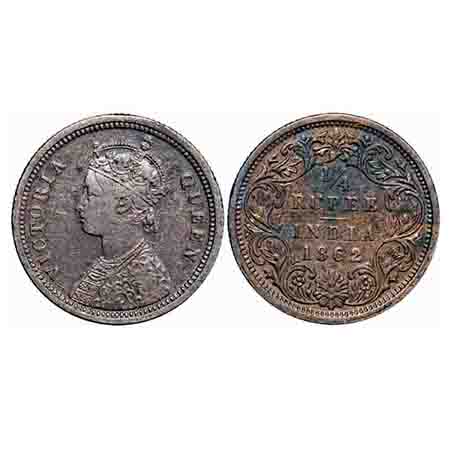 Victoria Queen, Silver, 1/4 Rupee, 1862, Madras Mint, A/I, Error, first letter 'I' in Vict