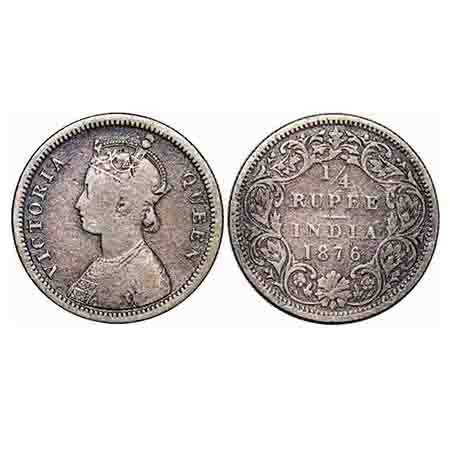 Victoria Queen, Silver, 1/4 Rupee, 1876, Bombay Mint, A/I, No dot. F. Prid 407. GK 668. Ab