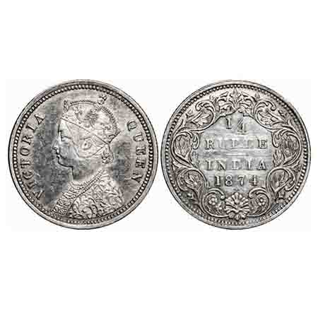 Victoria Queen, Silver, 1/4 rupee, 1874, Bombay Mint, A/I, Dot. F. Prid 405. GK 664. Almos