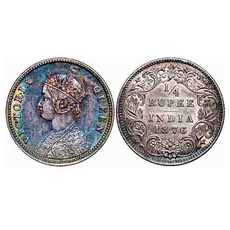Victoria Queen, Silver, 1/4 rupee, 1876, Calcutta Mint, A/I, No mint mark, No 'C'. F. Prid