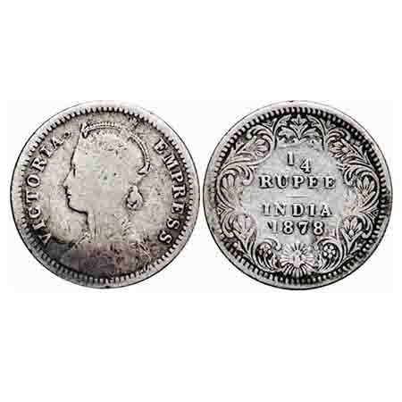 Victoria Empress, Silver, 1/4 Rupee, 1878, Calcutta Mint, C/II, No mint mark, No 'C'. F. P