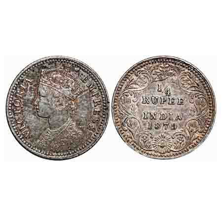 Victoria Empress, Silver, 1/4 Rupee, 1879, Calcutta Mint, C/II, 'C' incused. F. Prid 384. 