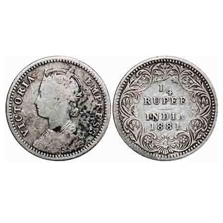 Victoria Empress, Silver, 1/4 Rupee, 1881, Calcutta Mint, C/II, 'C' incused. F. Prid 386. 