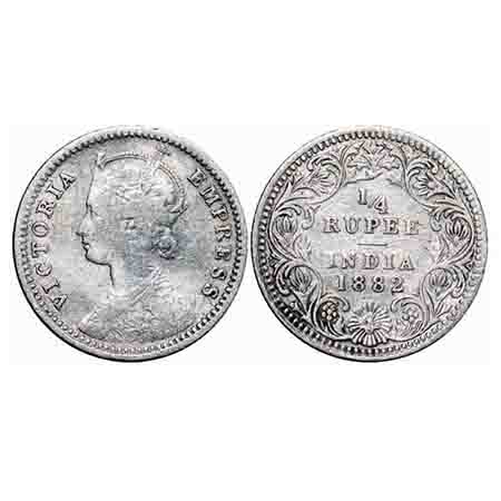 Victoria Empress, Silver, 1/4 Rupee, 1882, Calcutta Mint, C/II, 'C' incused. F. Prid 387. 