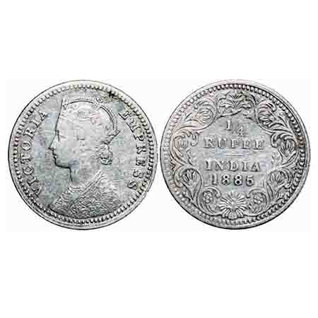 Victoria Empress, Silver, 1/4 Rupee, 1885, Calcutta Mint, C/II, 'C' incused. F. Prid 390. 