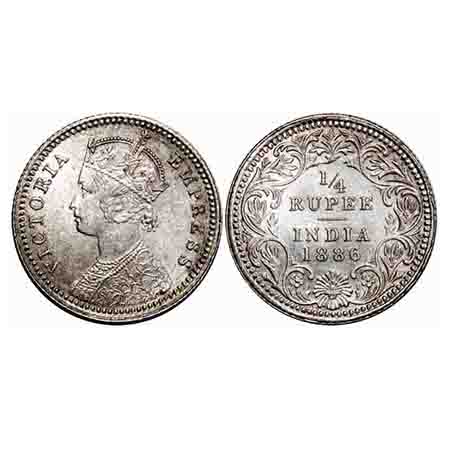 Victoria Empress, Silver, 1/4 Rupee, 1886, Calcutta Mint, C/II, 'C' incused. F. Prid 391.