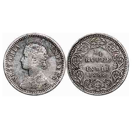 Victoria Empress, Silver, 1/4 Rupee, 1888, Calcutta Mint, C/II, No mint mark, No 'C'. F. P