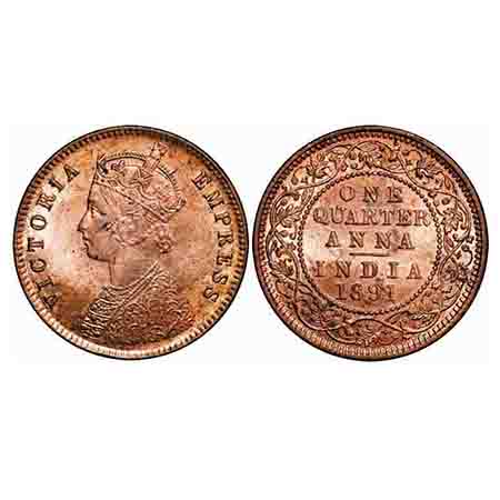 Victoria Empress, Copper, 1/4 Anna, 1891, Calcutta Mint, B/II, No mint mark. F. Prid 624. 