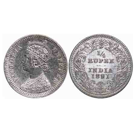 Victoria Empress, Silver, 1/4 Rupee, 1891, Calcutta Mint, C/II, 'C' incused. F. Prid 396. 