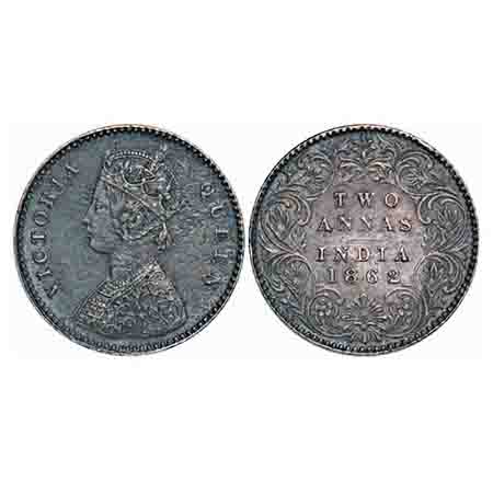Victoria Queen, Silver, 2 Annas, 1862, Calcutta Mint, A/I, Bottom flower top 3 petals same