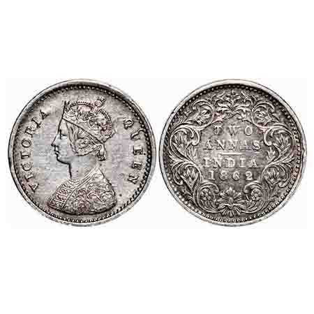 Victoria Queen, Silver, 2 Annas, 1862, Madras Mint, A/I, bottom flower centre top petal br