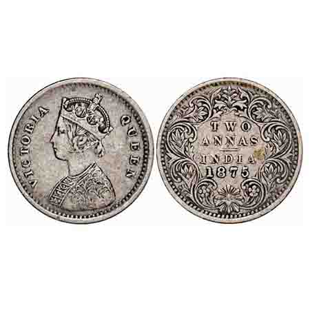 Victoria Queen, Silver, 2 Annas, 1875, Bombay Mint, A/I, No mint mark, No dot. F. Prid 517