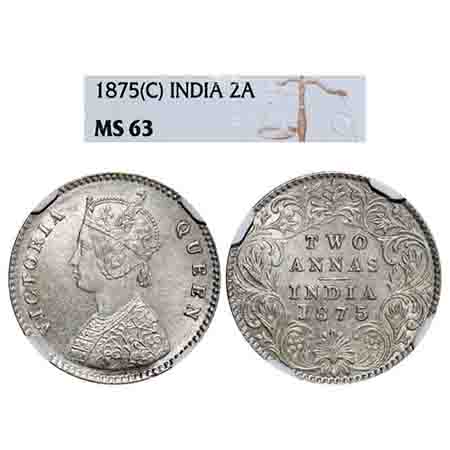 Victoria Queen, Silver, 2 Annas, 1875, Calcutta Mint, A/I, No mint mark. F. Prid 489. GK 7