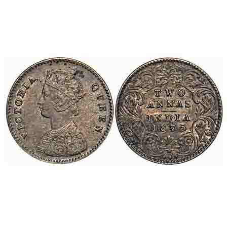 Victoria Queen, Silver, 2 Annas, 1875, Calcutta Mint, A/I, No mint mark. F. Prid 489. GK 7