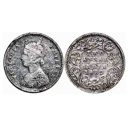 Victoria Empress, Silver, 2 Annas, 1882, Bombay Mint, A/I, Dot, Bag marks on Obv and Rev. 