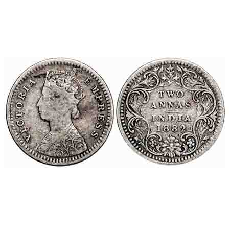 Victoria Empress, Silver, 2 Annas, 1882, Bombay Mint, B/II, Dot. F. Prid 527. GK 762. Fine